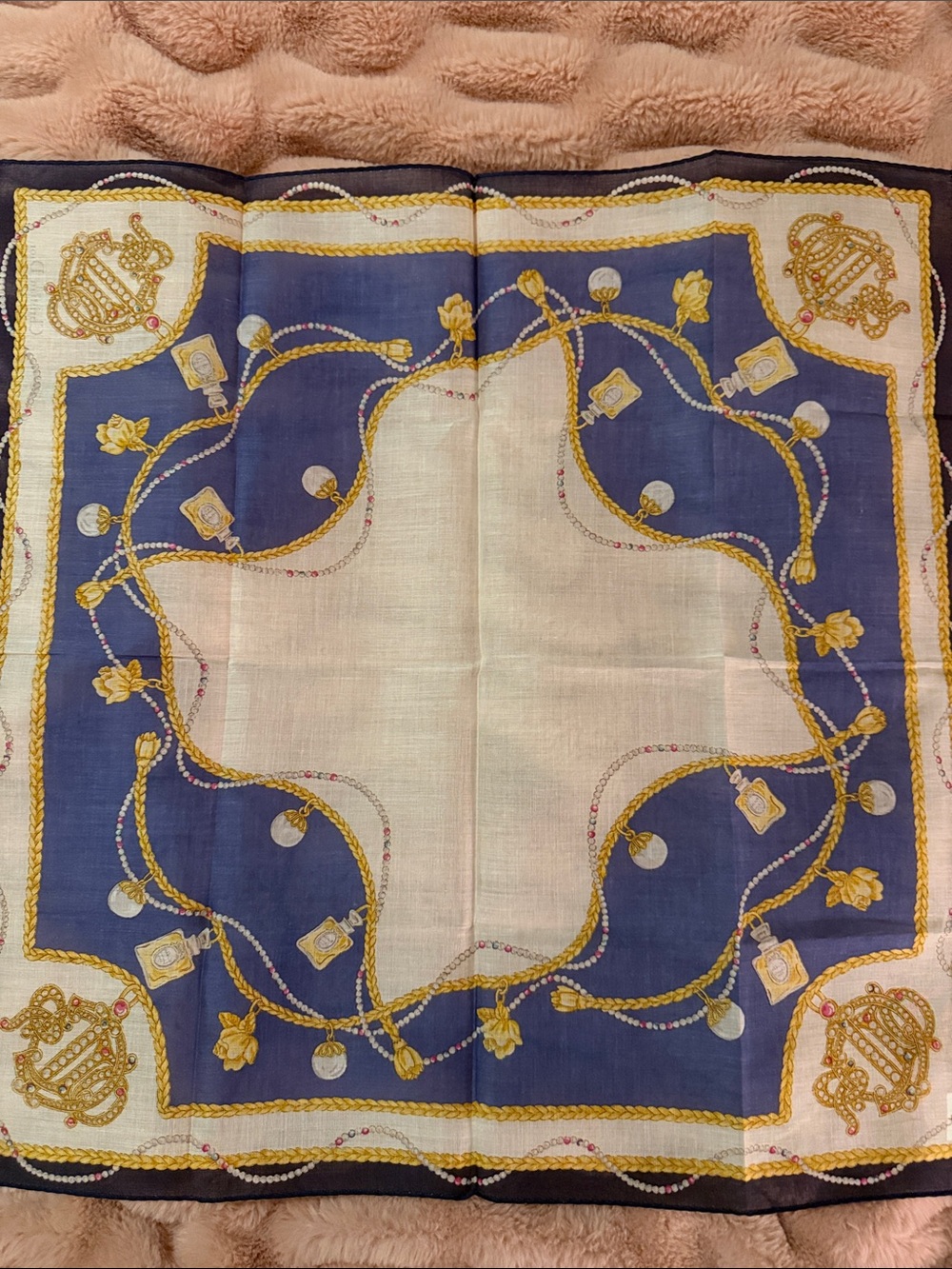 Dior Navy Blue, Cream & Gold Silk Scarf